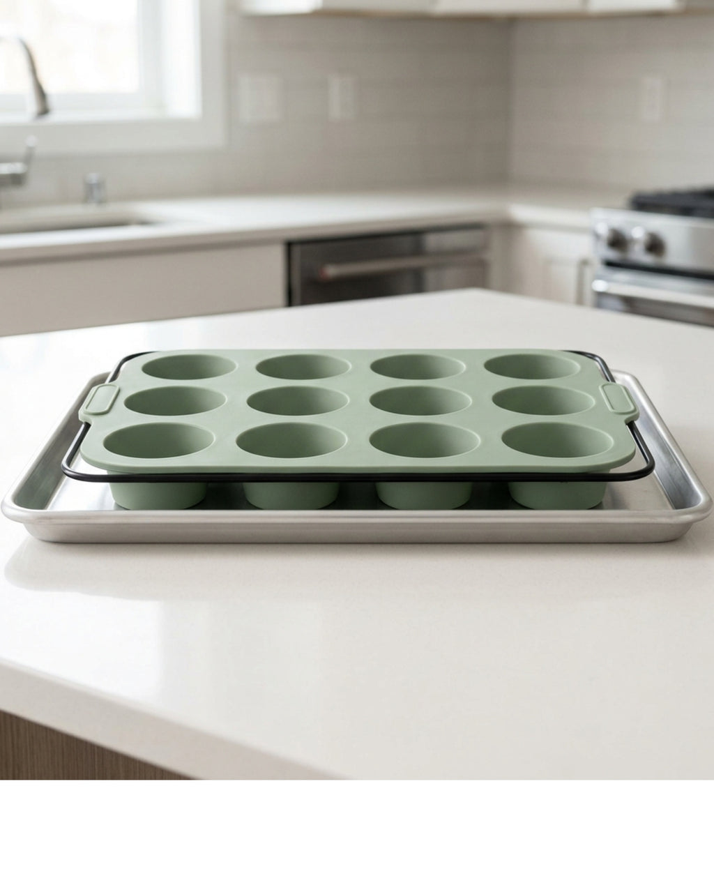 Mjvbg Twelve-Cup Silicone Muffin Mold with Steel Frame Sage - Lifestyle view