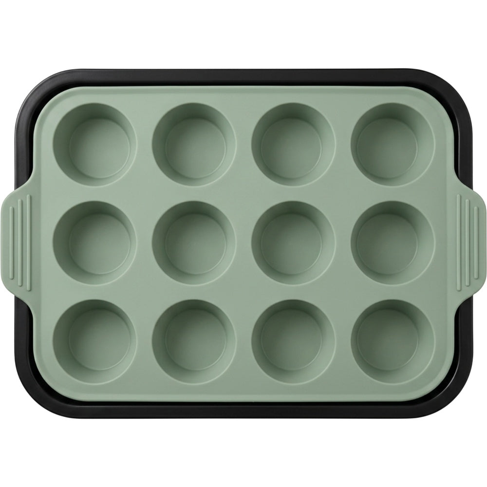Mjvbg Twelve-Cup Silicone Muffin Mold with Steel Frame Sage - Product view