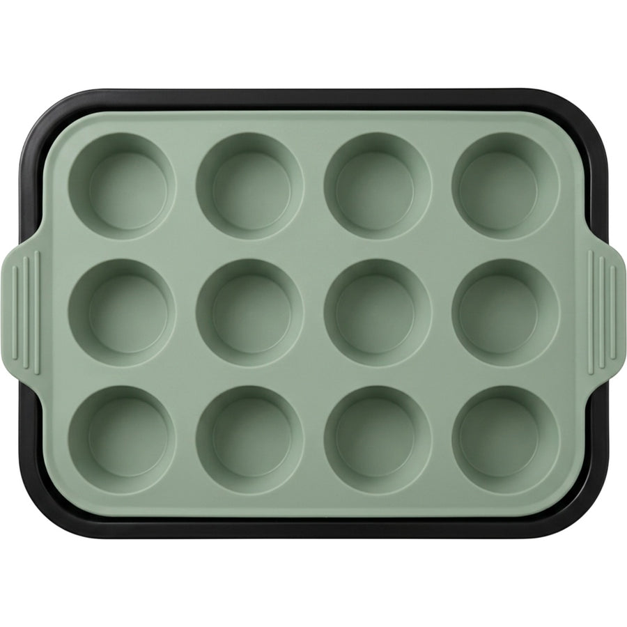 Mjvbg Twelve-Cup Silicone Muffin Mold with Steel Frame Sage